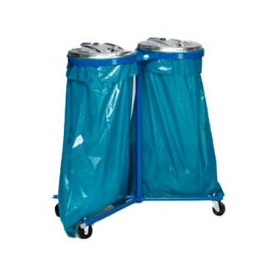 Soporte para bolsas de residuos super, móvil azul con tapa de acero